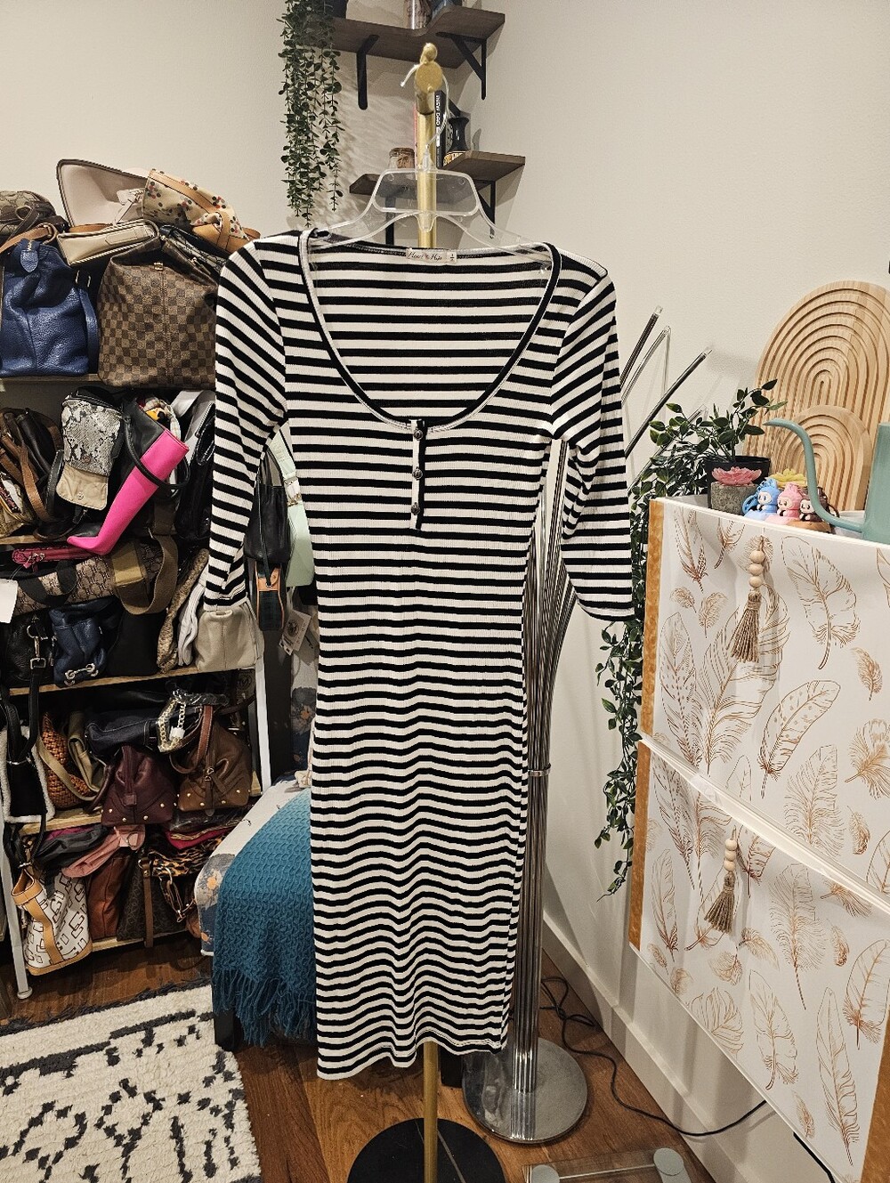 Vintage Heart Hips Black and White Striped Scoop Neck Midi Dress